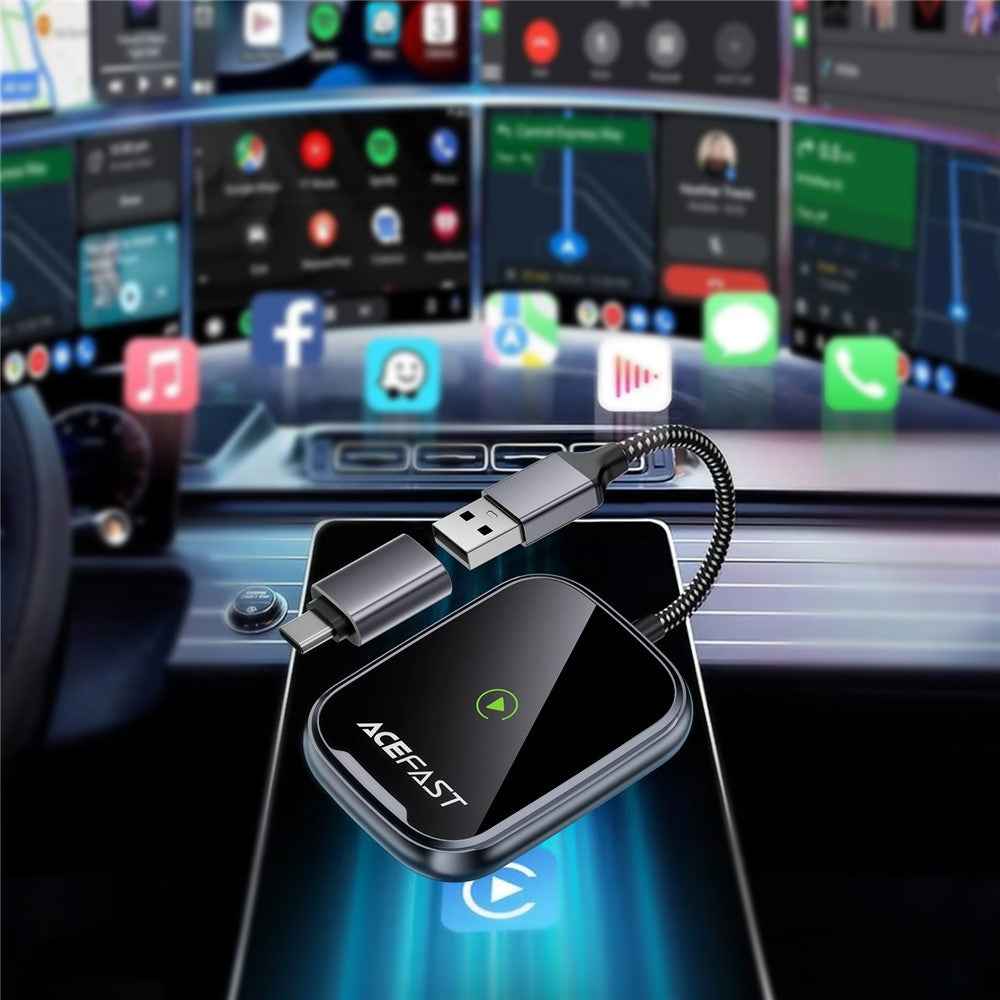 ACEFAST QC1 USB-A CarPlay Wireless Adapter for Apple CarPlay / Android Auto Wire to Wireless Converter - Metal Gray