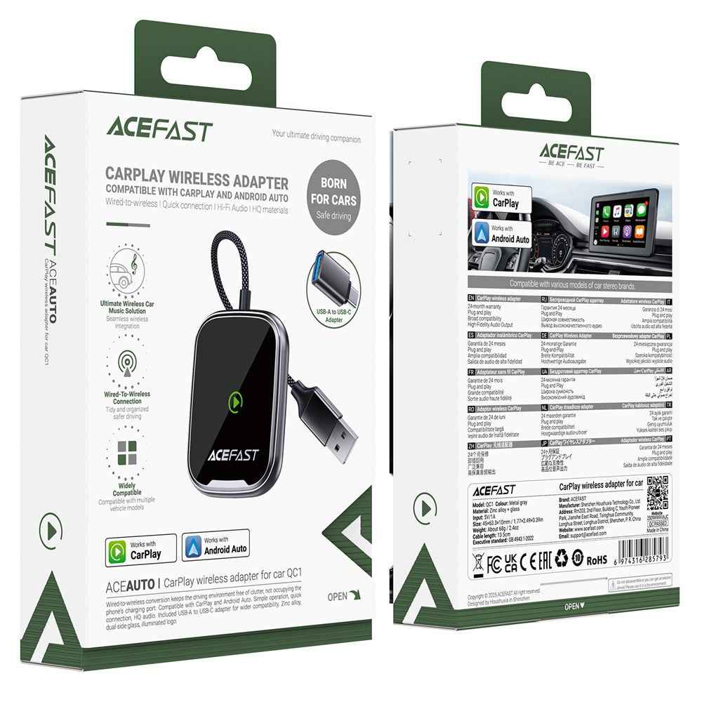 ACEFAST QC1 USB-A CarPlay Wireless Adapter for Apple CarPlay / Android Auto Wire to Wireless Converter - Metal Gray