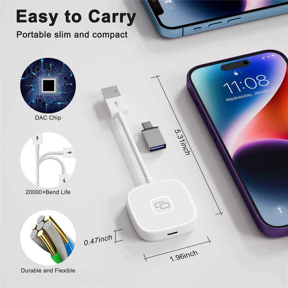 THT-020-7 Car Mirror Adapter AI BOX for iPhone Carplay to Car Display Adapter with USB-C Adapter, Wired Carplay Mirror Dongle - White
