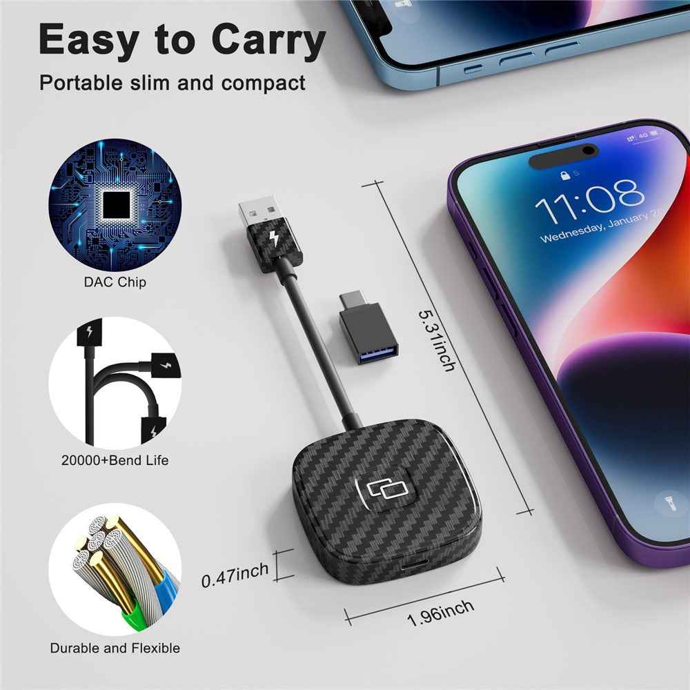 THT-020-7 Car Mirror Adapter AI BOX for iPhone Carplay to Car Display Adapter with USB-C Adapter, Wired Carplay Mirror Dongle - Black