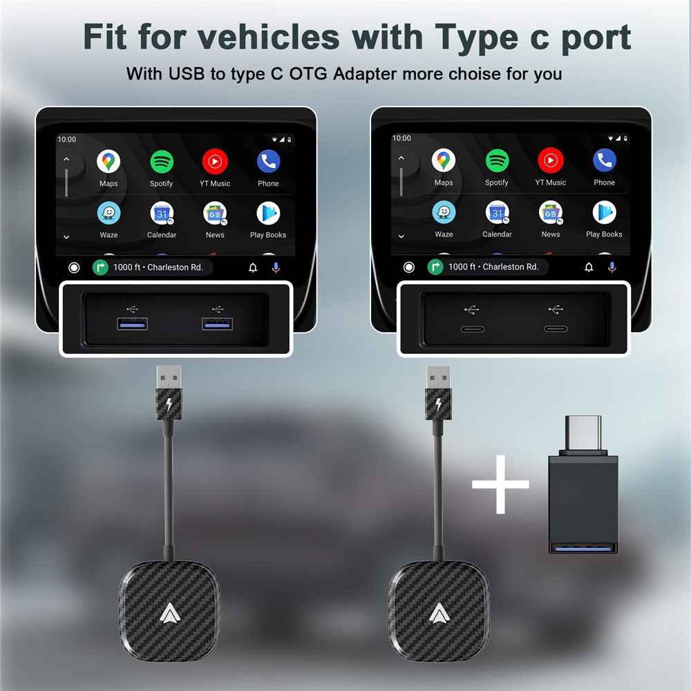THT-020-4+ Wireless Car Player Adapter Wired to Wireless Android Auto Car Play Converter Support USB / Type-C Interface, Black