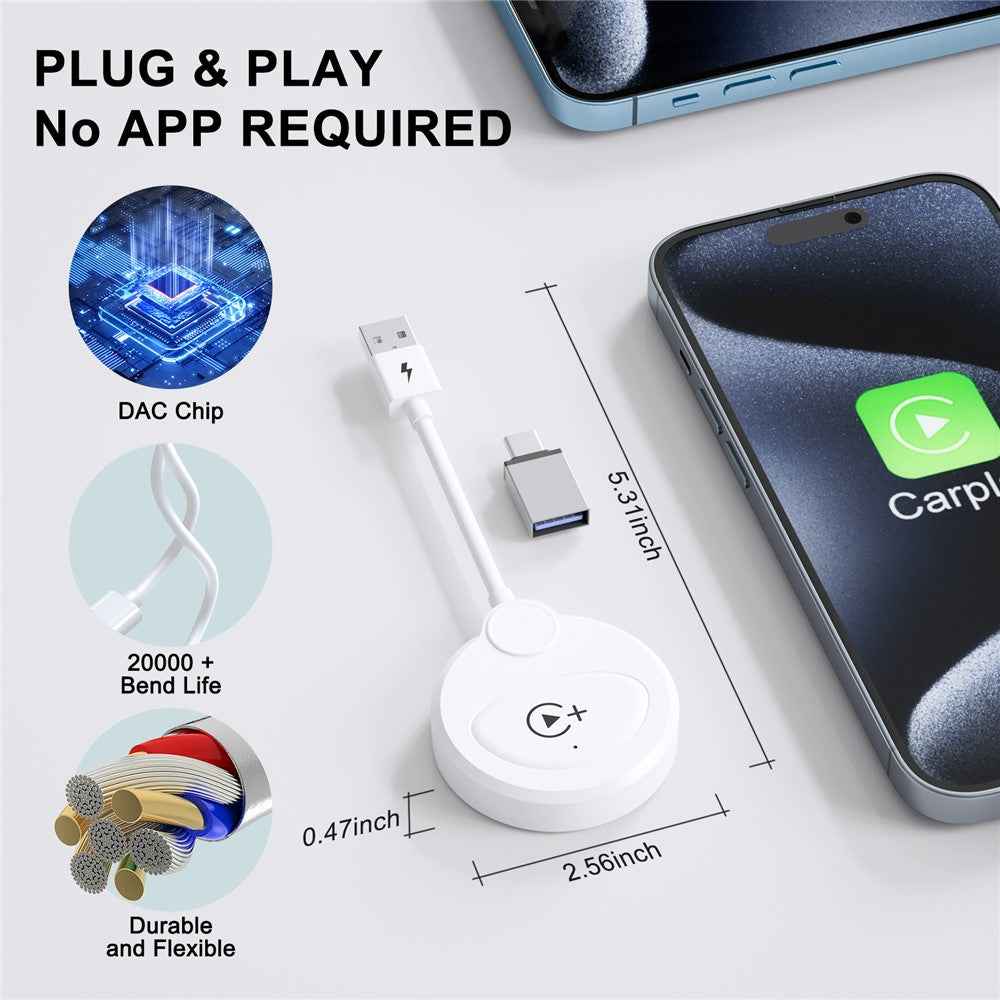 020-6+ Wireless CarPlay Adapter Convert Wired to Wireless Carplay Dongle Support YouTube / Netflix / TikTok - White