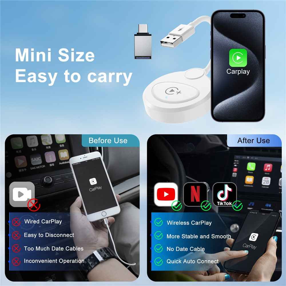 020-6+ Wireless CarPlay Adapter Convert Wired to Wireless Carplay Dongle Support YouTube / Netflix / TikTok - White
