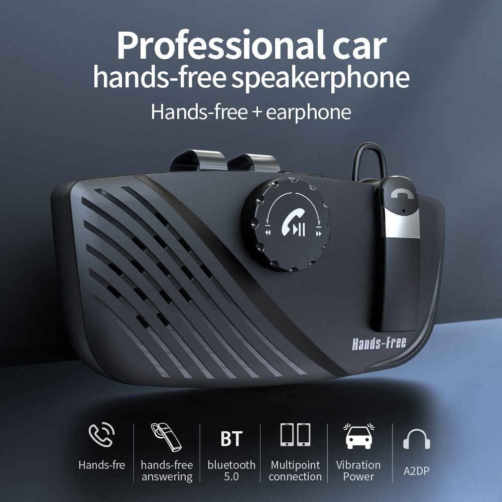 SP16 2 in 1 Portable Sun Visor Hands-free Bluetooth-compatible Speakerphone Smart Vibration Power ON Wireless Car Kit with Earphone/Back Clip Support for Siri Google Voice Control
