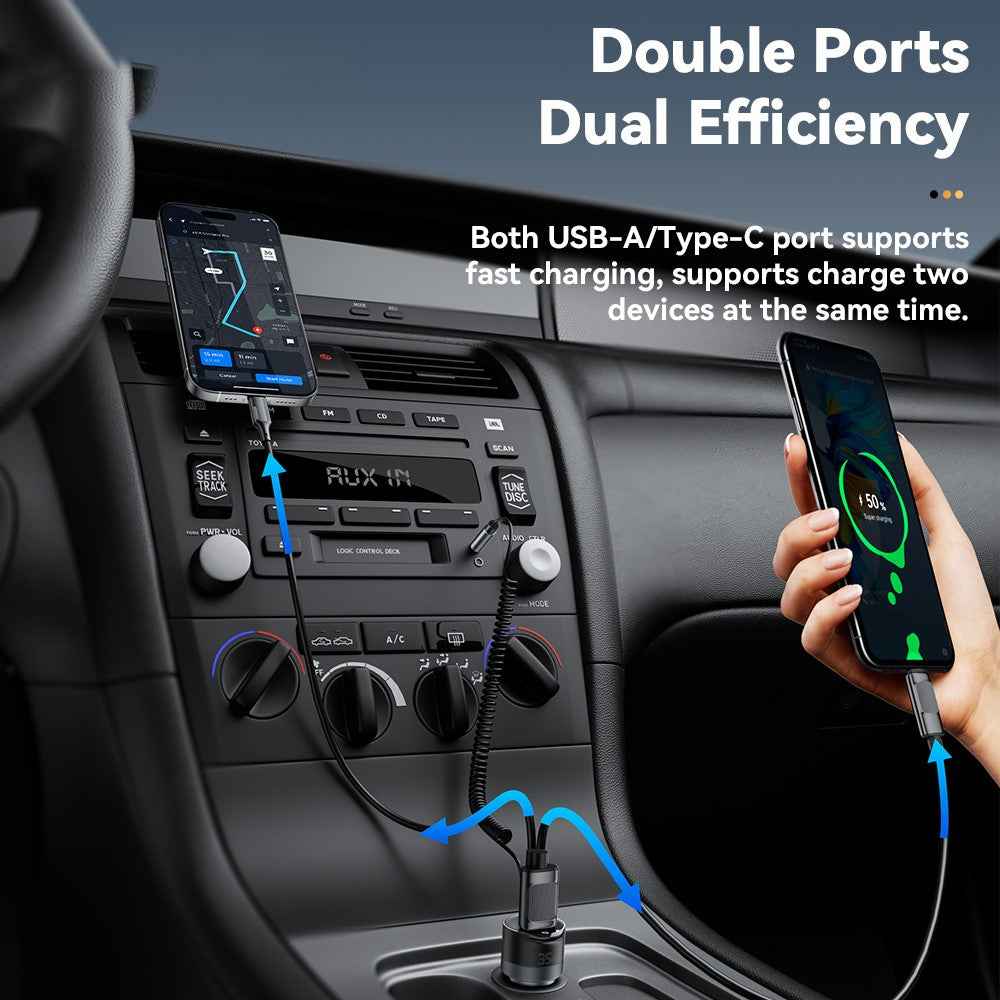 ESSAGER Car Charger Bluetooth-Compatiable 5.3 PD 35W USB-A + Type-C Wired to Wireless Car Audio with AUX Plug - Grey