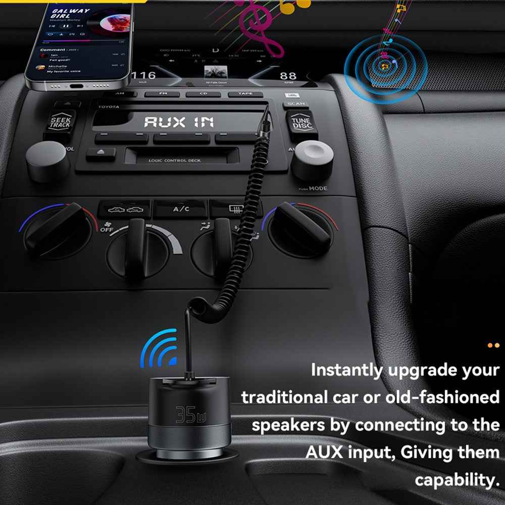 ESSAGER Car Charger Bluetooth-Compatiable 5.3 PD 35W USB-A + Type-C Wired to Wireless Car Audio with AUX Plug - Grey