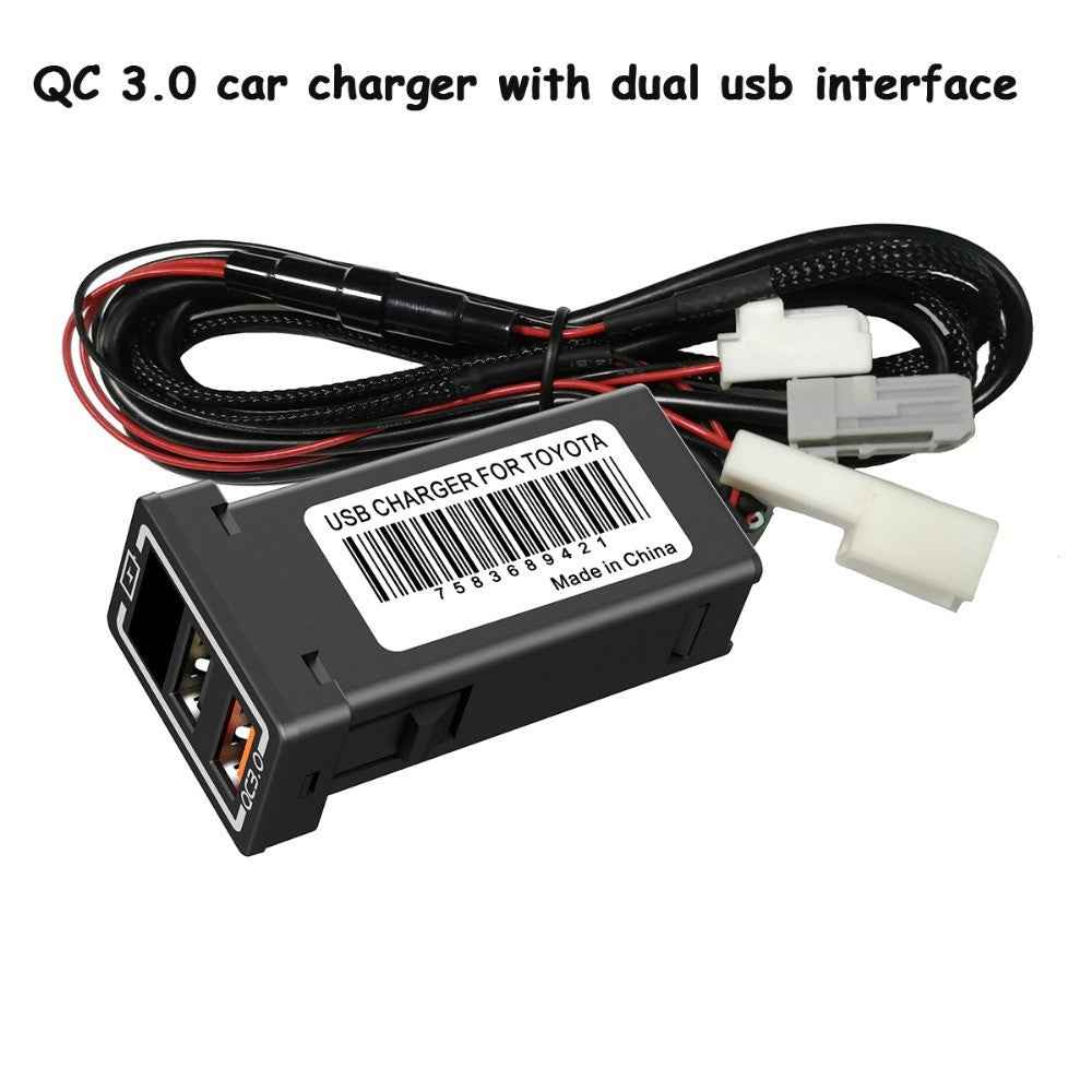 USB QC3.0 Dual Port Blue LED Light Voltage Display Car Charger Socket Fast Charging Adapter for Toyota (Cigarette Lighter Wiring Connection)