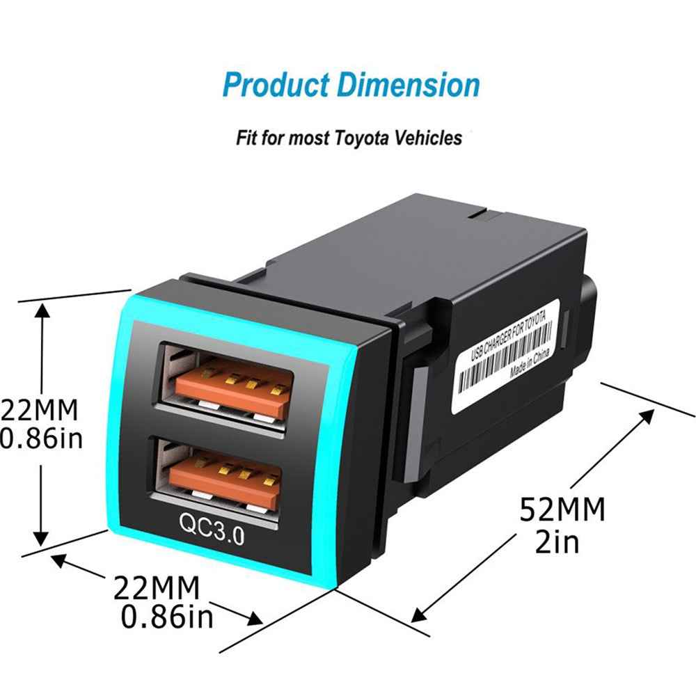 22x22mm QC3.0 Dual USB Port Blue LED Indicator ABS Car Charger Phone Fast Charging Socket Adapter for Toyota (Cigarette Lighter Wiring Connection)