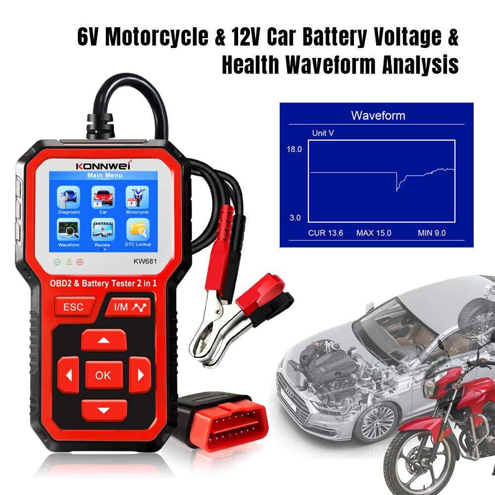 KONNWEI KW681 2 in 1 6-12V Car Battery Tester OBD2 Cars Fault Diagnosis Instrument Battery Analyzer