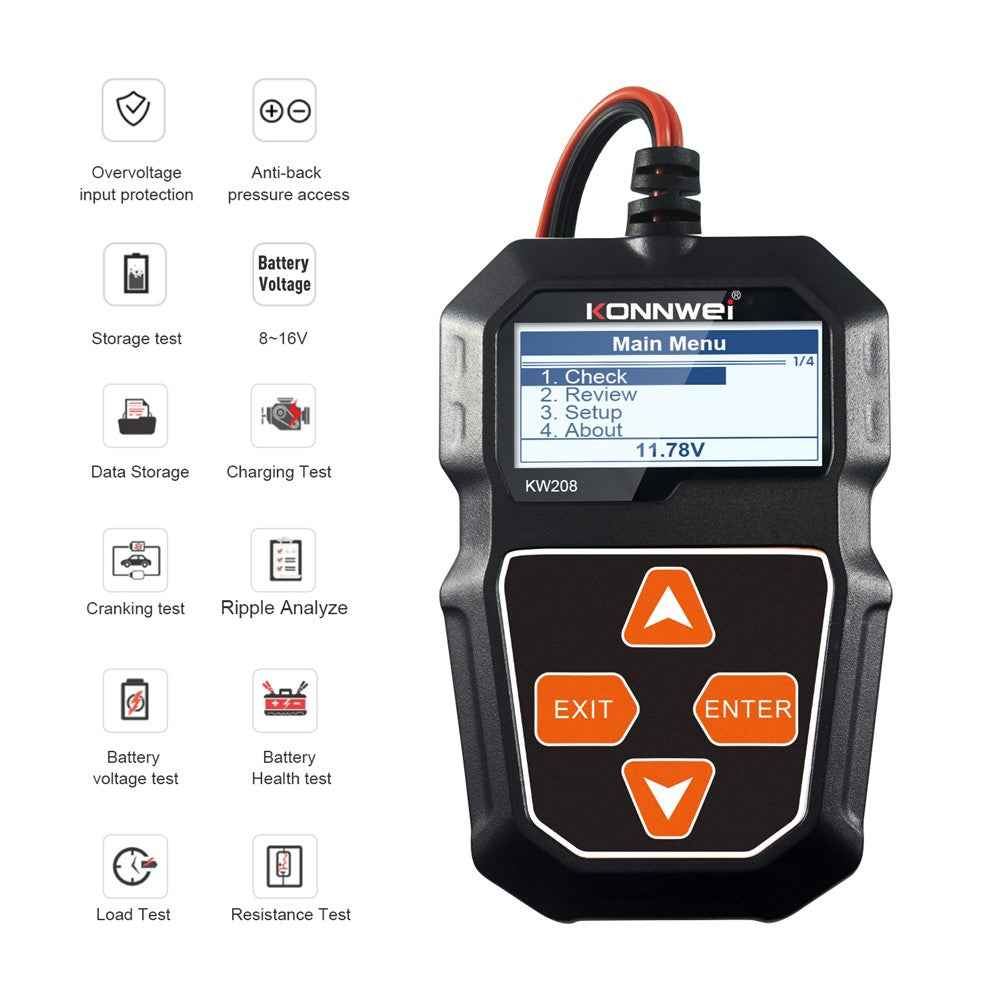 KONNWEI KW208 Automotive Battery Tester Car Digital 12V 100-2000CCA Cranking Charging System Test Tool