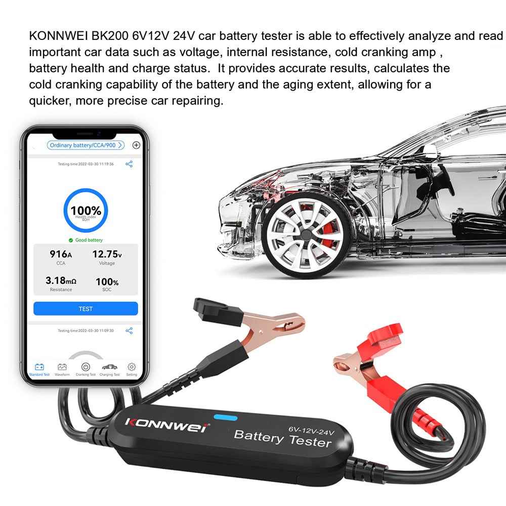 KONNWEI BK200 Multi-Function Bluetooth-compatible Battery Tester for Car Truck Motorcycle SUV Boat Yacht 6V 12V 24V Battery Tester - Black