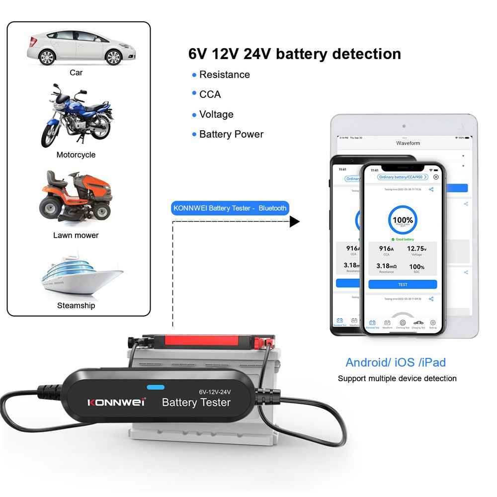 KONNWEI BK200 Multi-Function Bluetooth-compatible Battery Tester for Car Truck Motorcycle SUV Boat Yacht 6V 12V 24V Battery Tester - Black
