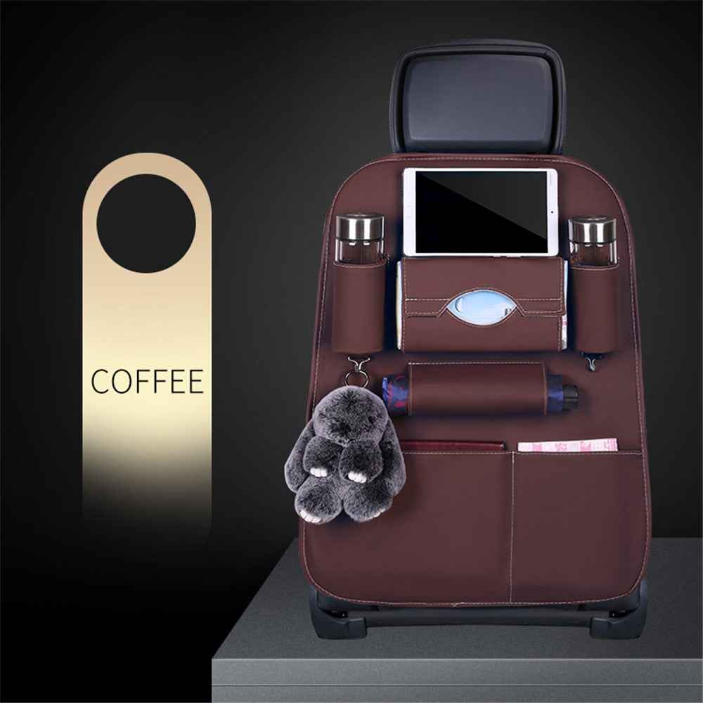 Car Back Seat Organizer Storage Bag with Tissue Box Tablet/Umbrella/Water Bottle Holder - Coffee