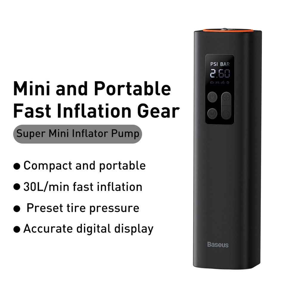 BASEUS Super Mini Inflator Pump Tire Pressure Gauge Digital Display Air Pump - Black