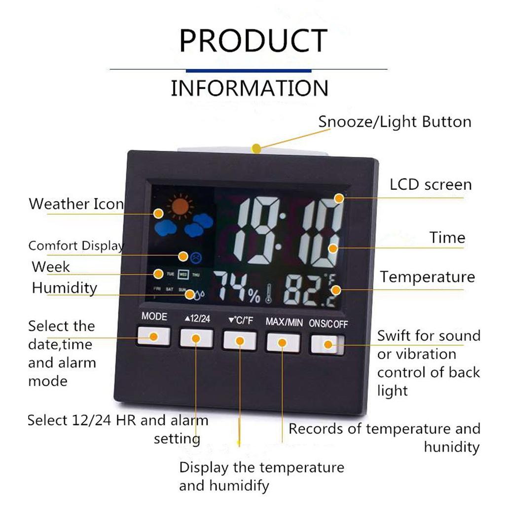 Weather Station Temperature Humidity Meter indoor Sensor Clock Black