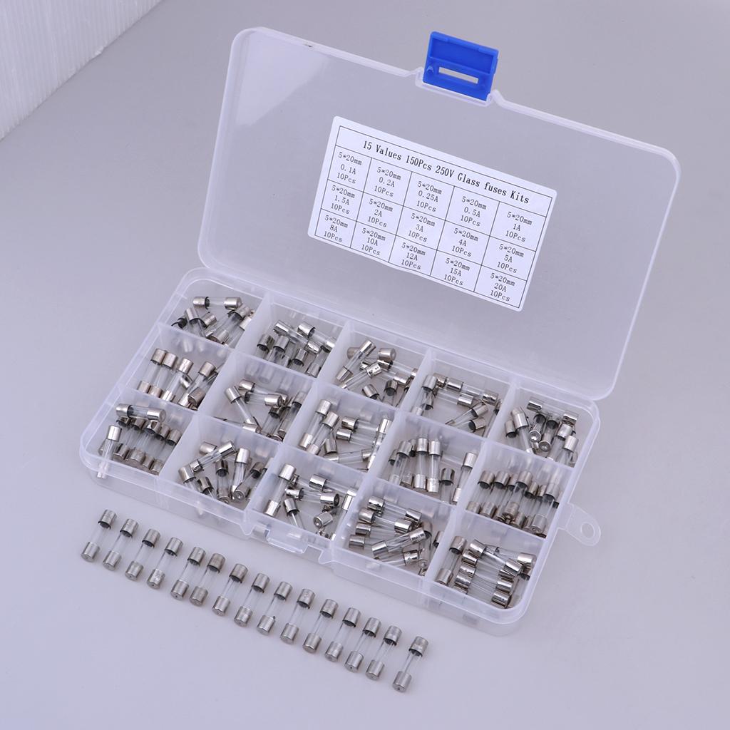 15 Values 150pcs Fast-blow Glass Fuses Assorted Kit 5x20mm with Plastic Box