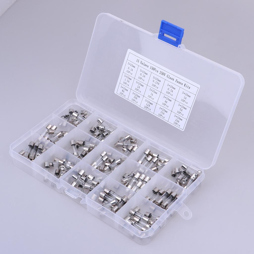 15 Values 150pcs Fast-blow Glass Fuses Assorted Kit 5x20mm with Plastic Box