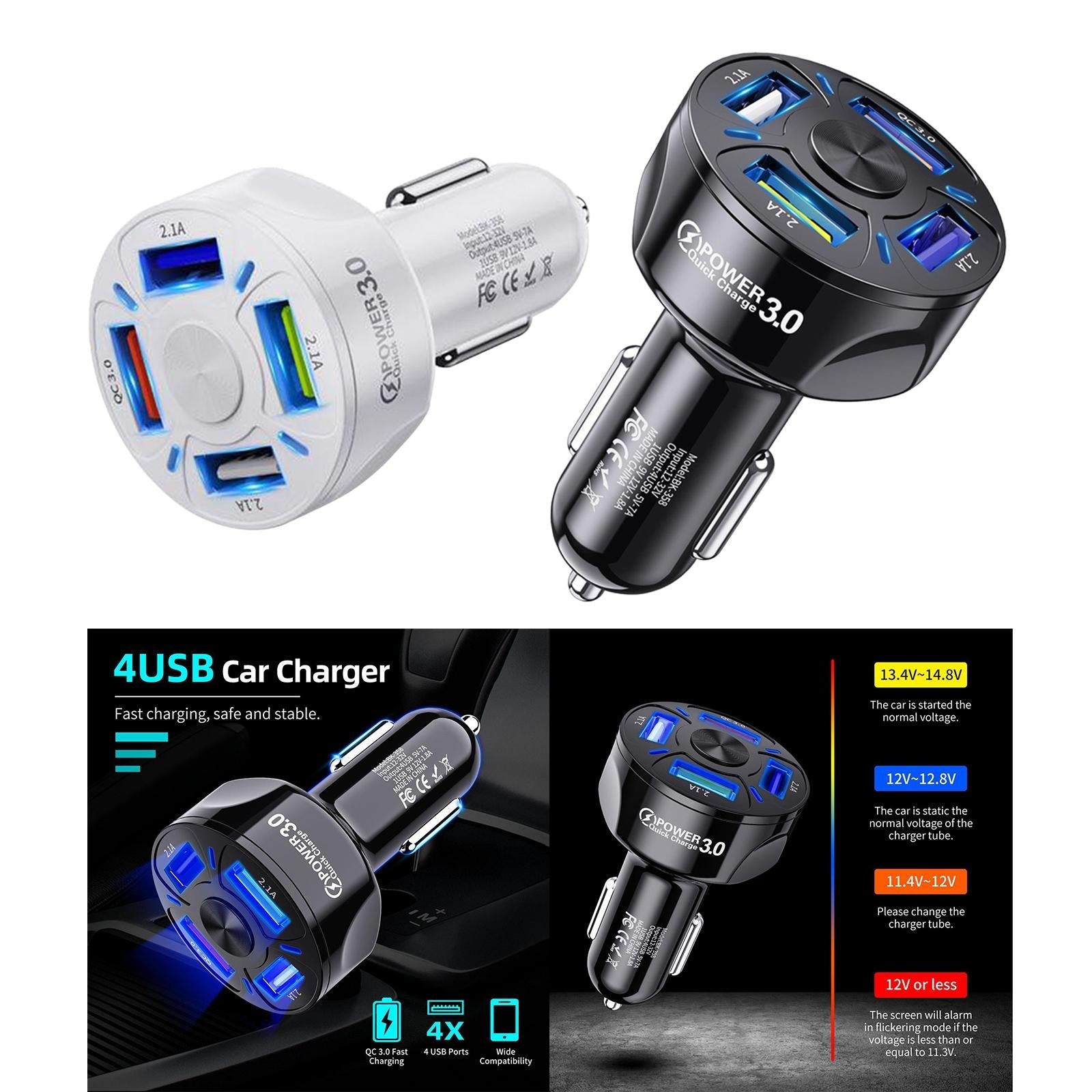 12V 4-Ports USB Car Charge QC 3.0 Quick Charge Adapter Socket For iPhone Black
