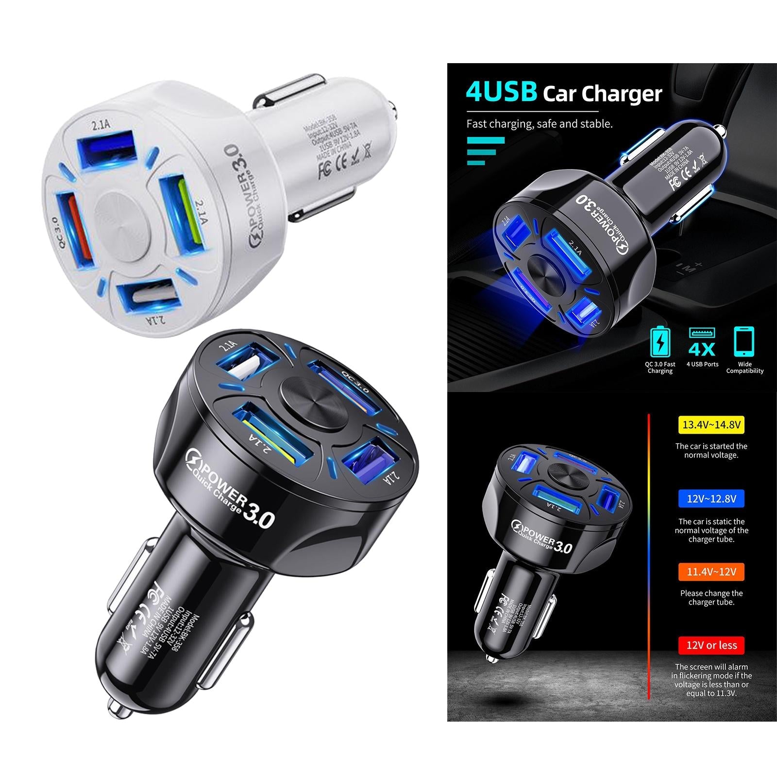 12V 4-Ports USB Car Charge QC 3.0 Quick Charge Adapter Socket For iPhone Black