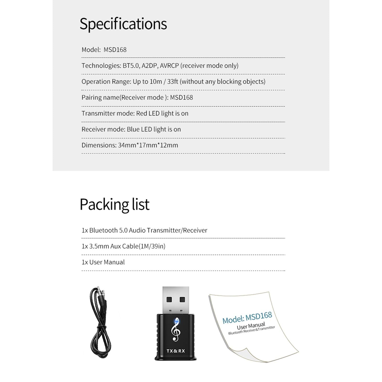 Bluetooth 5.0 Audio Transmitter Receiver USB Adapter For TV PC Car Speaker