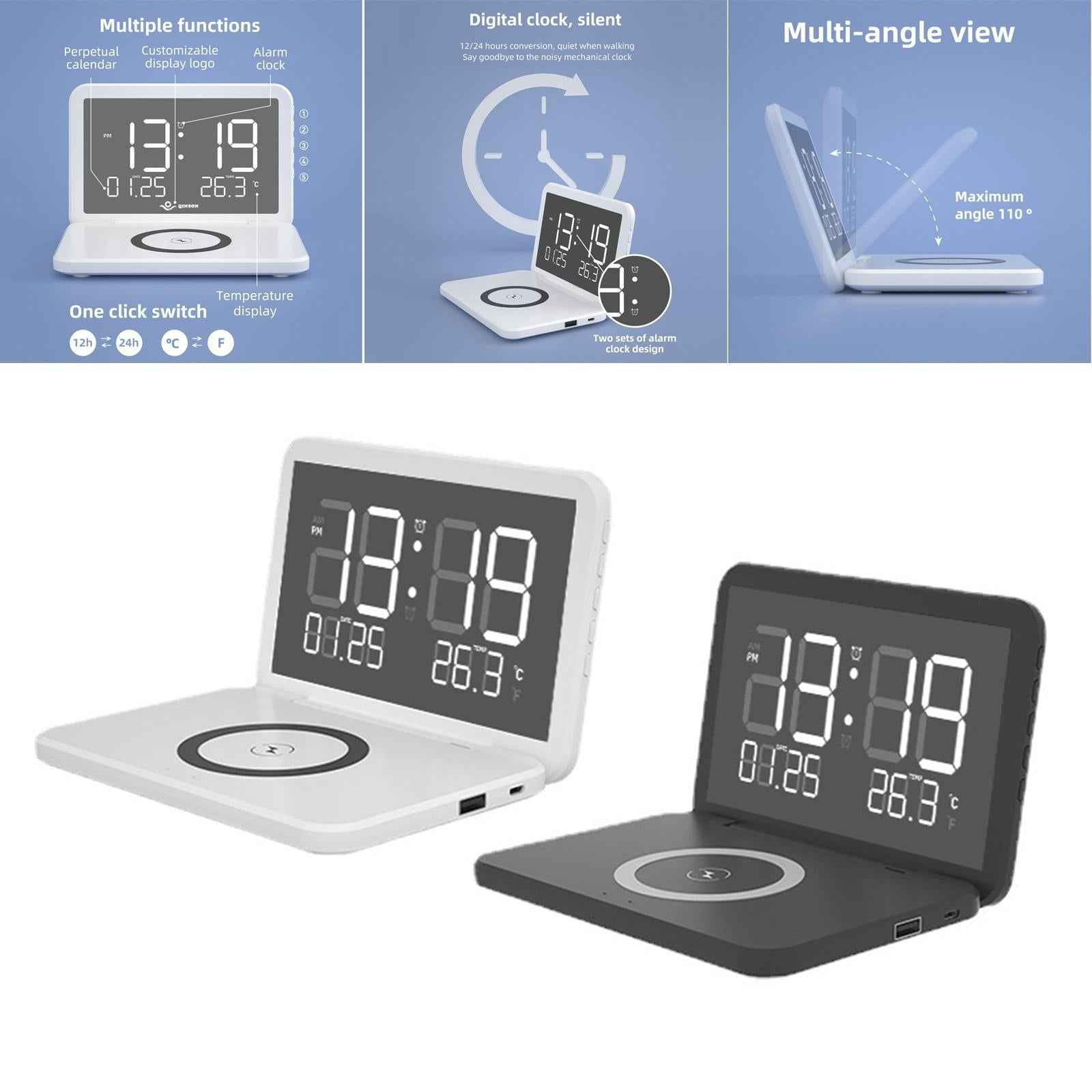 Alarm Clock with Wireless Charging Adjustable Brightness for Bedside Desk White