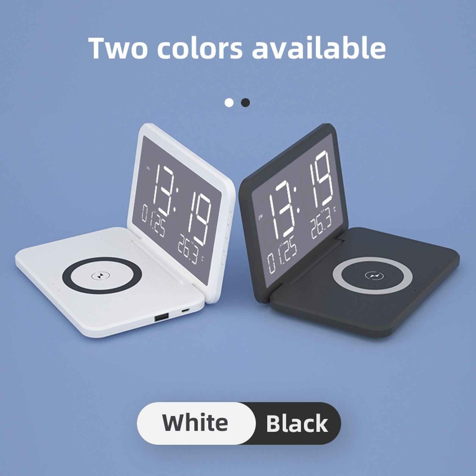Alarm Clock with Wireless Charging Adjustable Brightness for Bedside Desk White