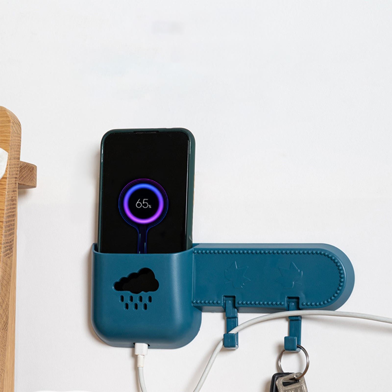 Adhesive Wall Mounted Storage Box Phone Plug Holder Bathroom Punch Free Blue