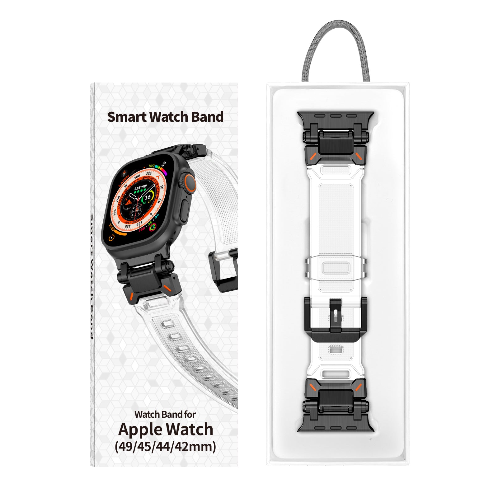 For Apple Watch Ultra 2 Ultra 49mm / 9 8 7 45mm / 6 5 4 SE (2023) SE (2022) SE 44mm / 3 2 1 42mm Silicone Strap - Black / Transparent