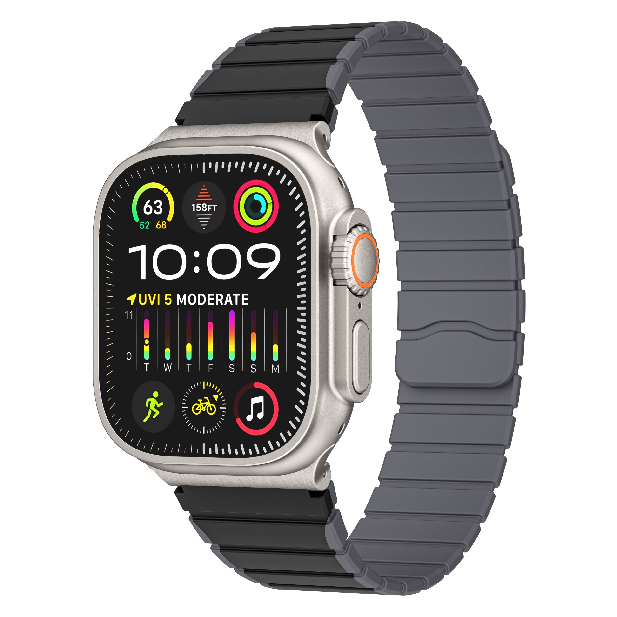 For Apple Watch Ultra 2 Ultra 49mm / 9 8 7 45mm / 6 5 4 SE (2023) SE (2022) SE 44mm / 3 2 1 42mm Magnetic Silicone Watch Band - Black+Grey