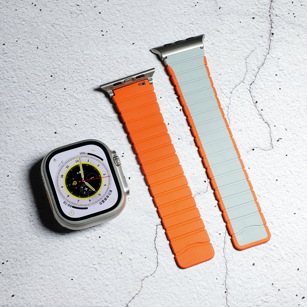 For Apple Watch Ultra 2 Ultra 49mm / 9 8 7 45mm / 6 5 4 SE (2023) SE (2022) SE 44mm / 3 2 1 42mm Magnetic Silicone Watch Band - Grey+Orange