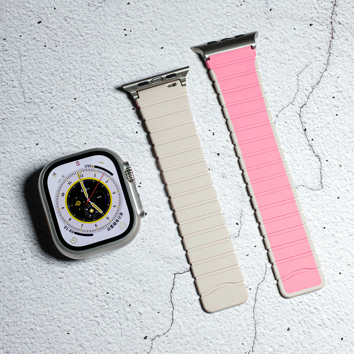 For Apple Watch Ultra 2 Ultra 49mm / 9 8 7 45mm / 6 5 4 SE (2023) SE (2022) SE 44mm / 3 2 1 42mm Magnetic Silicone Watch Band - Pink+Starlight
