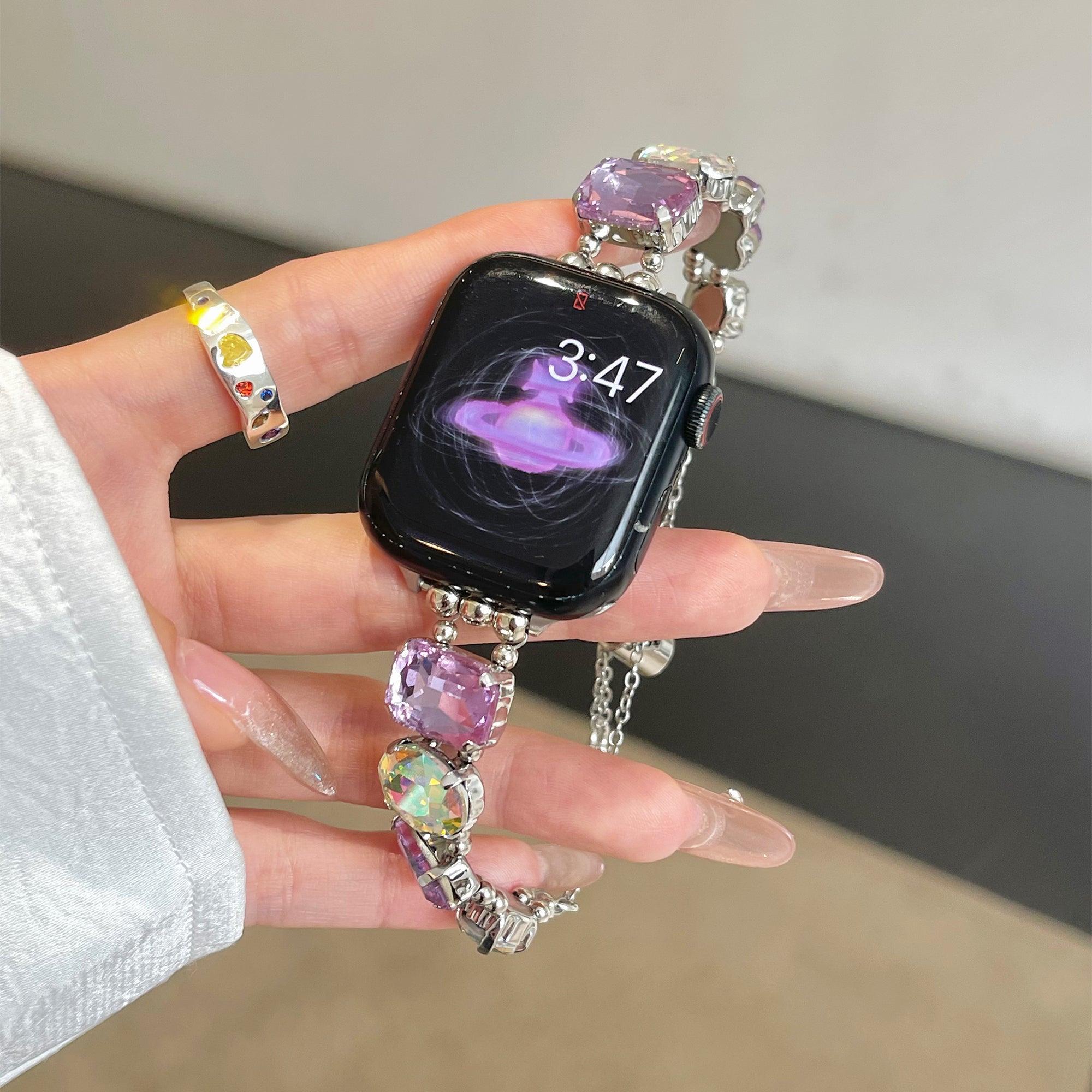 For Apple Watch Ultra 2 Ultra 49mm / Series 9 8 7 45mm / 6 5 4 SE (2022) SE (2023) SE 4 Glass Watch Band - Laser Colorful Purple / Elastic