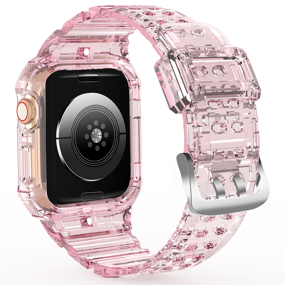 For Apple Watch Series 7 8 9 41mm / Series 7 8 9 45mm TPU Watch Strap with Case - Transparent Pink