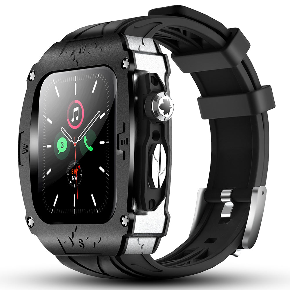 For Apple Watch Series 4 5 6 44mm / Series 7 8 9 45mm Watchband Integrated Silicone Strap + Watch Case - Silver
