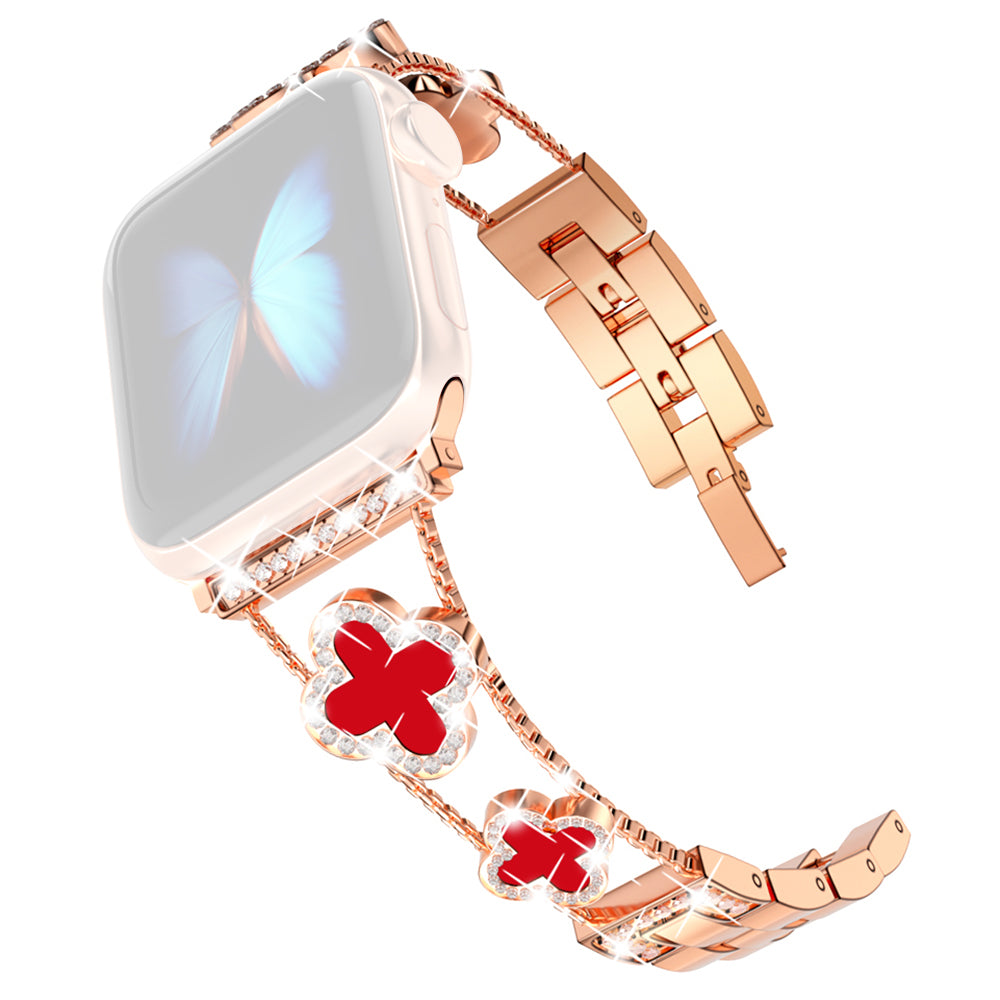 Four Leaf Clover Watch Strap for Apple Watch Series 9 8 7 41mm / 6 5 4 SE (2022) SE (2023) SE 40mm / 3 2 1 38mm Metal Wrist Band - Rose Gold+Red