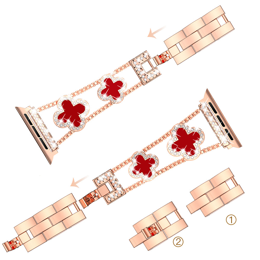 Four Leaf Clover Watch Strap for Apple Watch Series 9 8 7 41mm / 6 5 4 SE (2022) SE (2023) SE 40mm / 3 2 1 38mm Metal Wrist Band - Rose Gold+Red