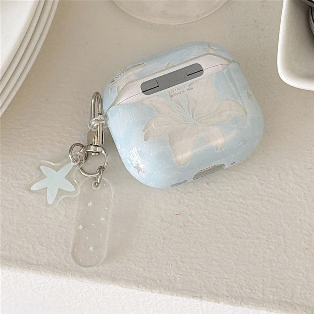 Case Compatible With AirPods 4 Lily Flower Pattern TPU Protective Cover with Keychain Charm & Buckle Clip