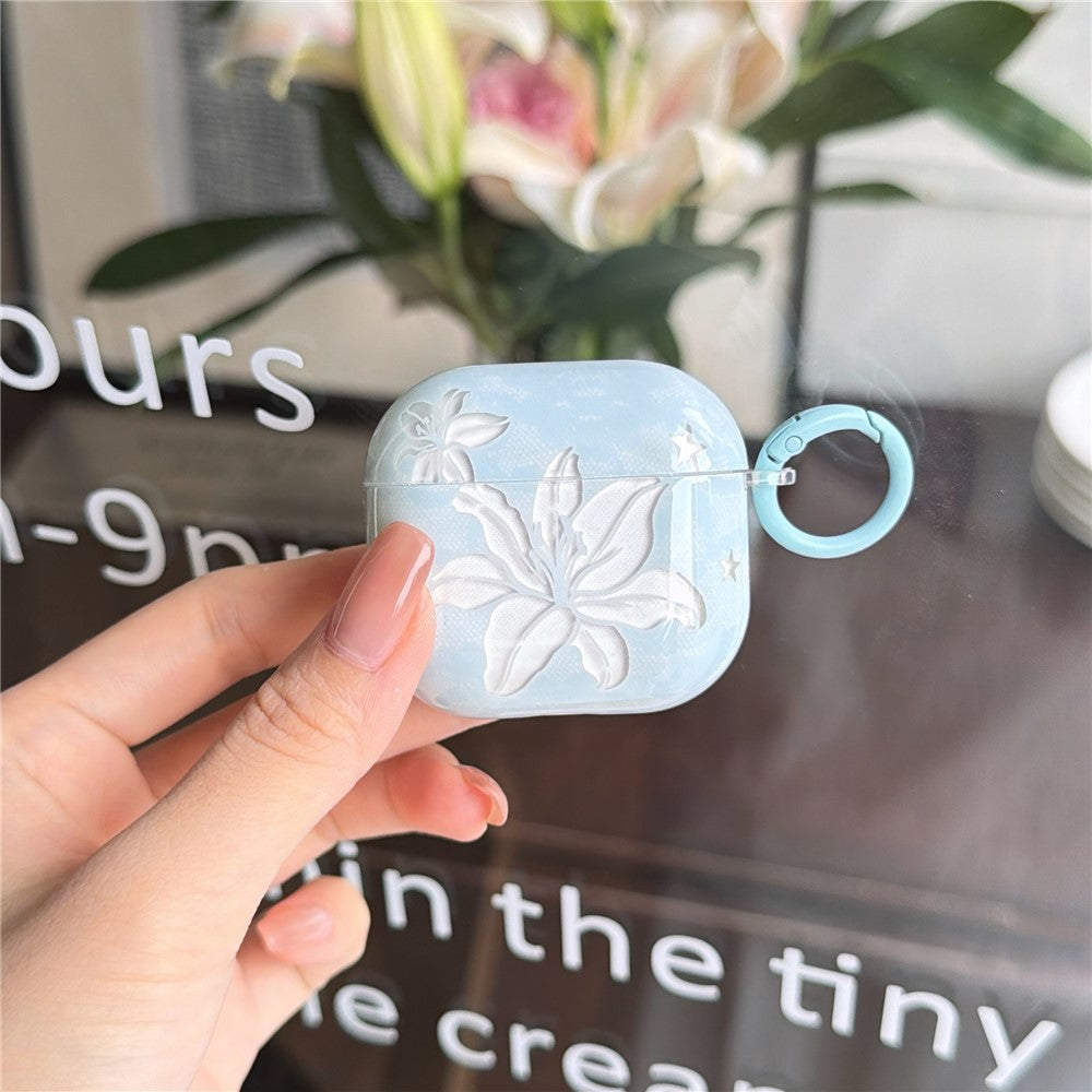 Case Compatible With AirPods 4 Lily Flower Pattern TPU Protective Cover with Keychain Charm & Buckle Clip