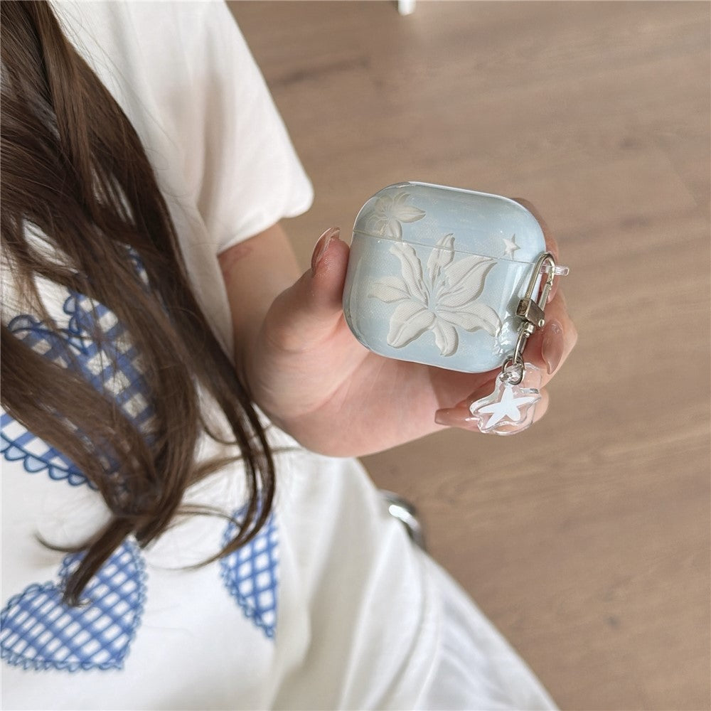 Case Compatible With AirPods 4 Lily Flower Pattern TPU Protective Cover with Keychain Charm & Buckle Clip