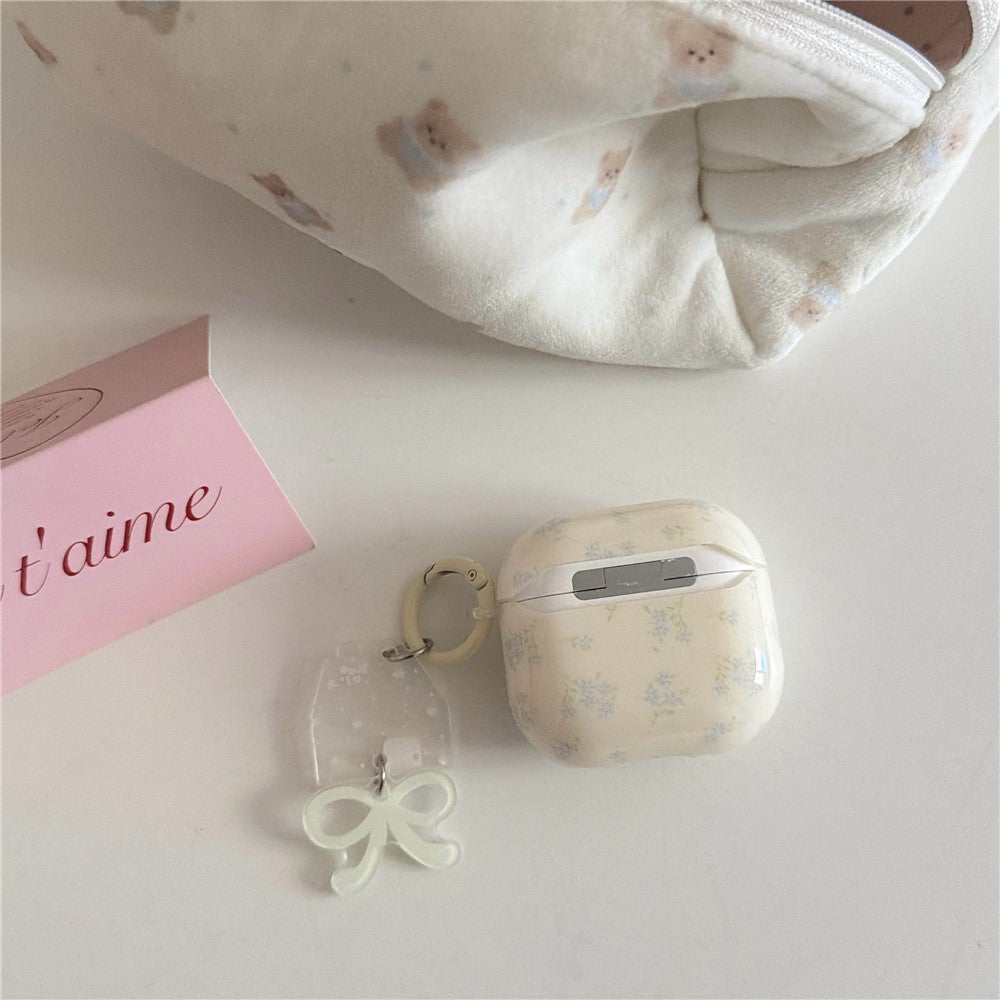 Compatible With AirPods 4 Cute Floral Case with Keychain Charm & Buckle Clip Earbuds TPU Soft Protective Cover