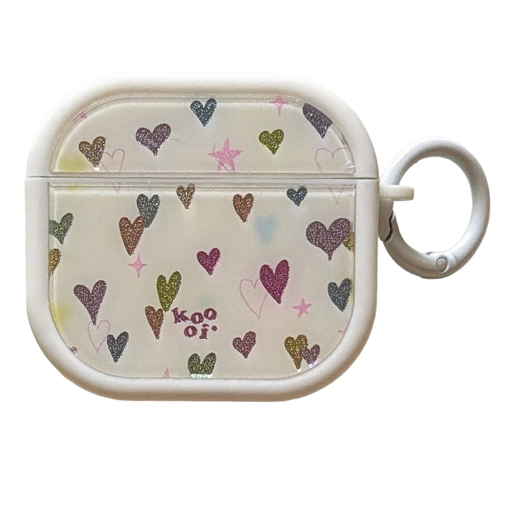 Colorful Heart Case Compatible With AirPods 4 Glitter TPU Earbuds Protective Cover with Carabiner Clip - White