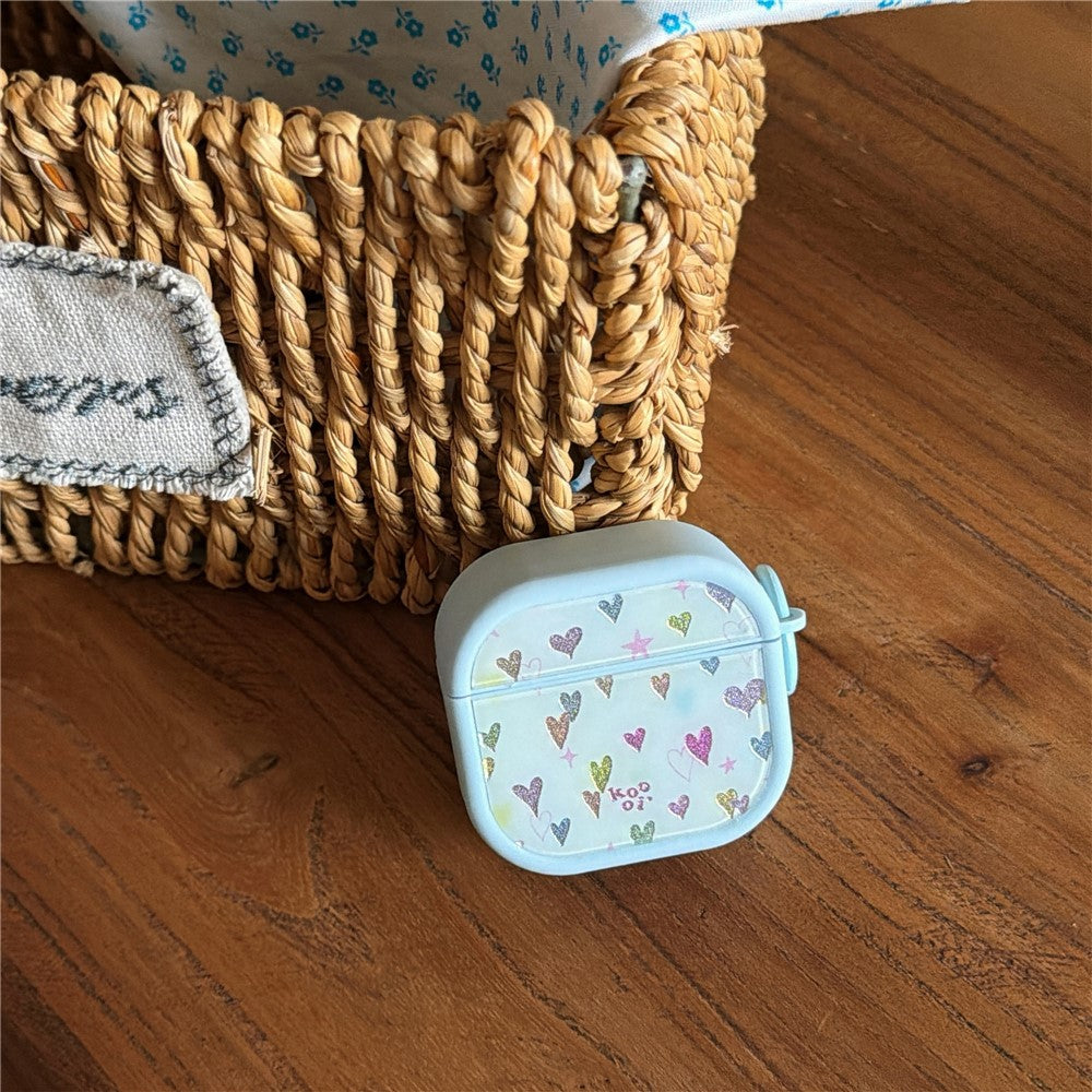 Colorful Heart Case Compatible With AirPods 4 Glitter TPU Earbuds Protective Cover with Carabiner Clip - Blue