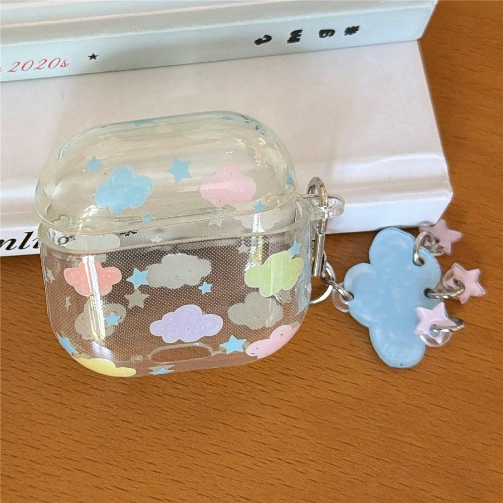 Clear Case Compatible With AirPods 4 IMD+TPU Clouds Stars Pattern Shockproof Protective Cover with Keychain Charm & Buckle Clip