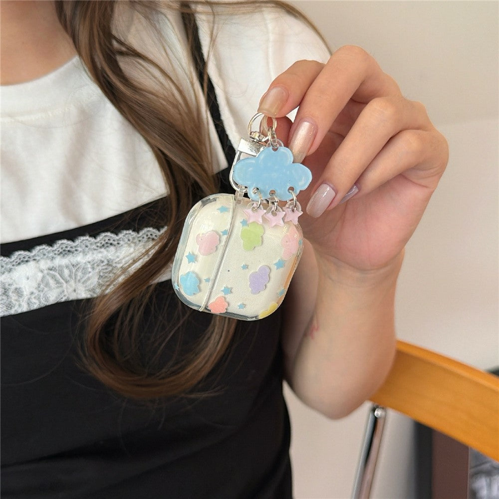 Clear Case Compatible With AirPods 4 IMD+TPU Clouds Stars Pattern Shockproof Protective Cover with Keychain Charm & Buckle Clip