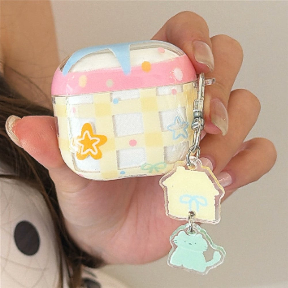 Compatible With AirPods 5 / 4 Case Yellow Grid Stars Pattern TPU Protective Cover with Pendant Buckle
