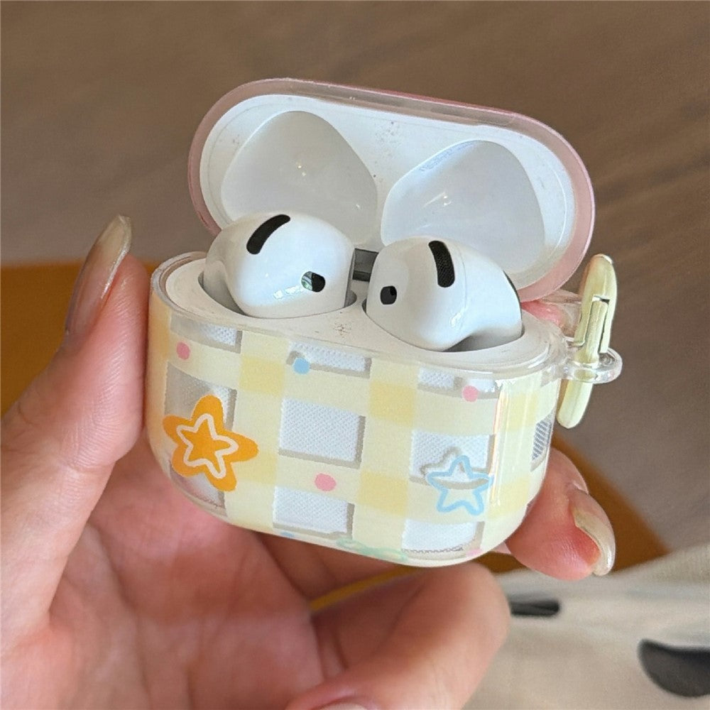 Compatible With AirPods 5 / 4 Case Yellow Grid Stars Pattern TPU Protective Cover with Pendant Buckle
