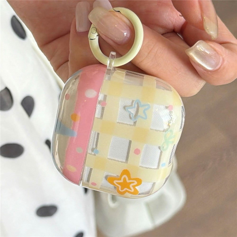 Compatible With AirPods 5 / 4 Case Yellow Grid Stars Pattern TPU Protective Cover with Pendant Buckle
