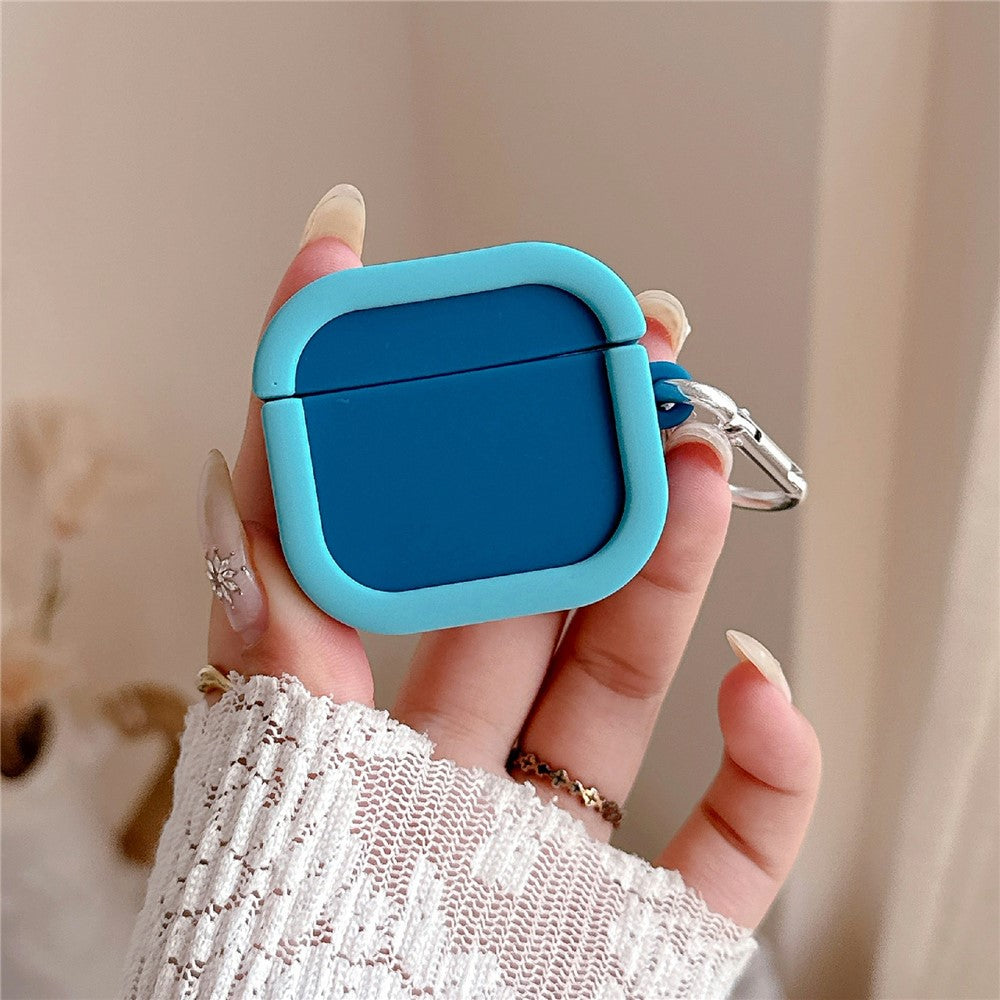 Silicone Case Compatible With AirPods 5 / 4 Charging Case Macaron Color Blocking Protective Cover with Metal Carabiner - Blue+Cyan