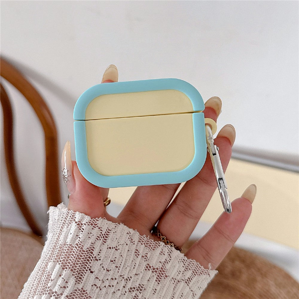 Silicone Case Compatible With AirPods 5 / 4 Charging Case Macaron Color Blocking Protective Cover with Metal Carabiner - Beige+Sky Blue