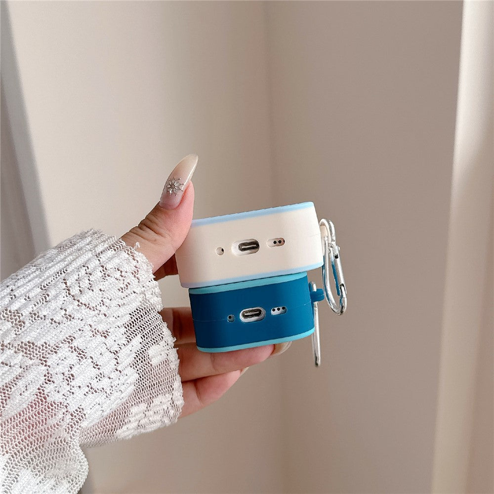 Silicone Case Compatible With AirPods 5 / 4 Charging Case Macaron Color Blocking Protective Cover with Metal Carabiner - Beige+Sky Blue